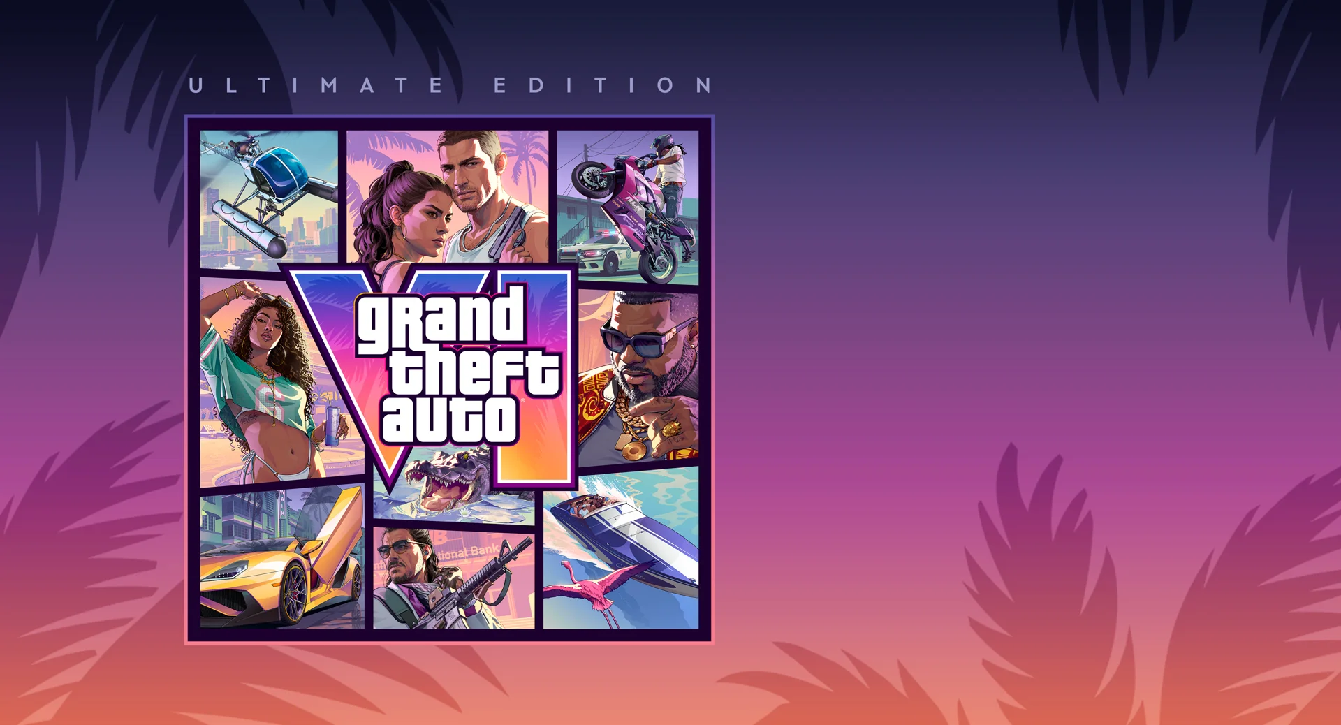 Official GTA 6 Ultimate Edition artwork with the game cover against a purple and pink background