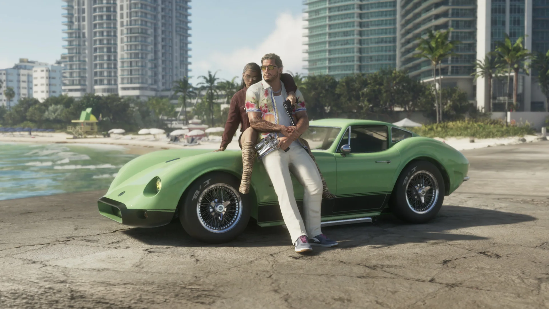Official GTA 6 image of Jason and Lucia beside a green sports car on the Vice City beachfront